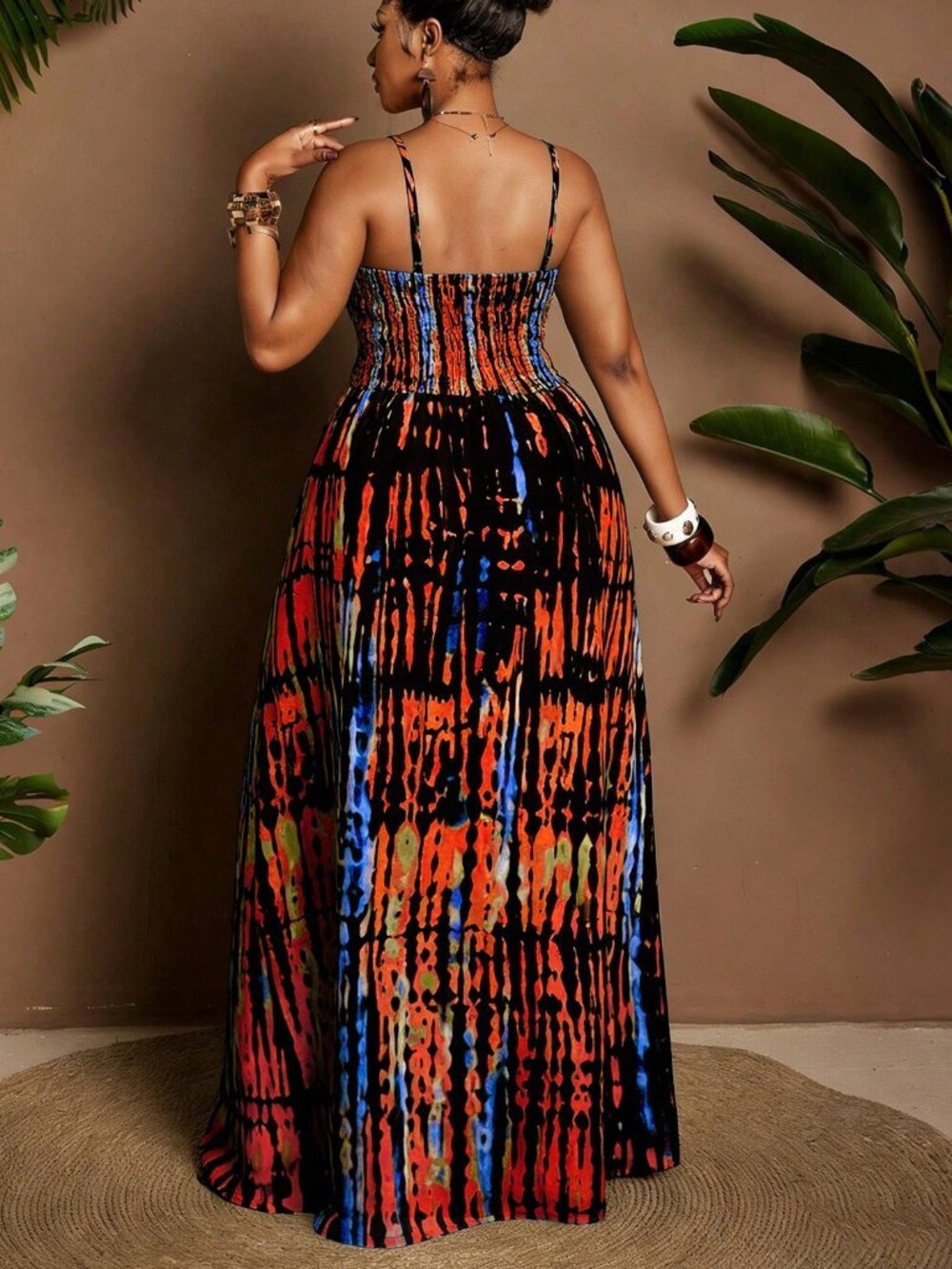 multicolor Boho Women's Plus Size tie dye Printed Sexy spagetti strap maxi Dress - Picture 4 of 7
